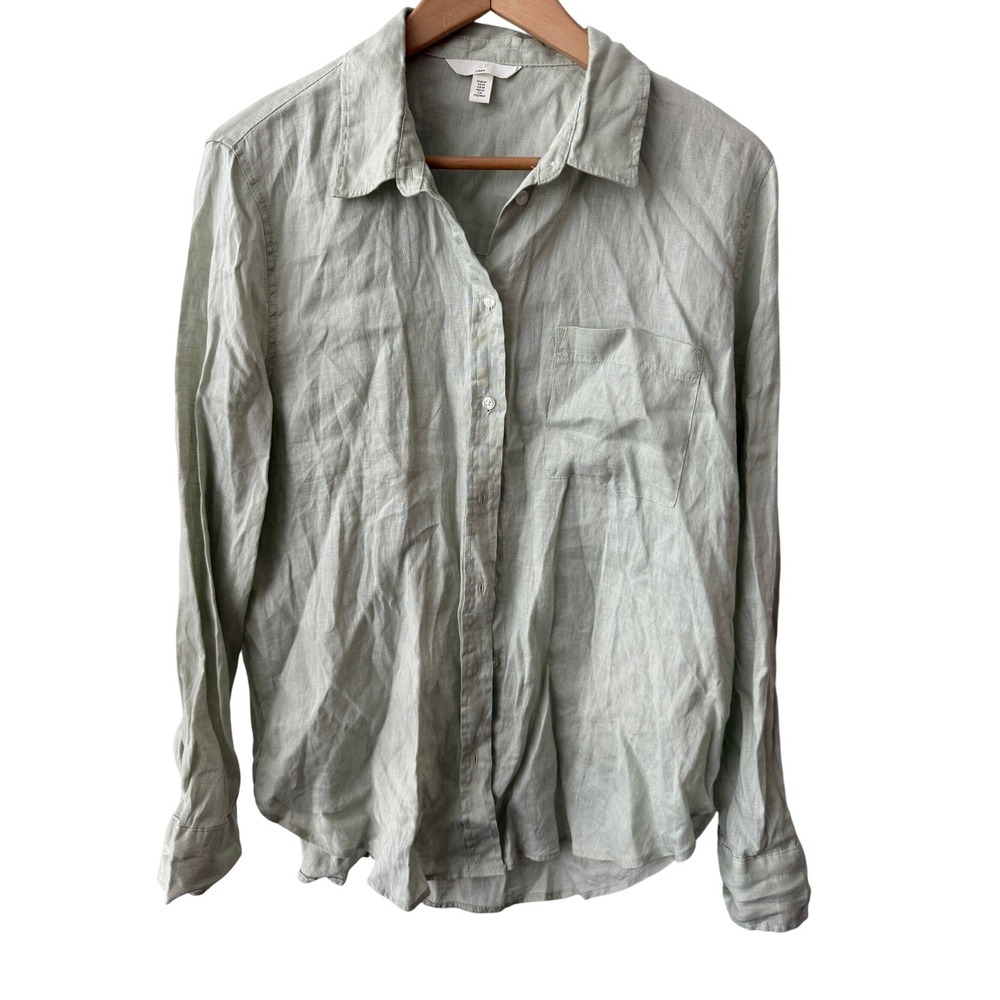 H&M Linen Button Down Shirt Sage Green Long Sleeve Mens Size Medium Pocket Top